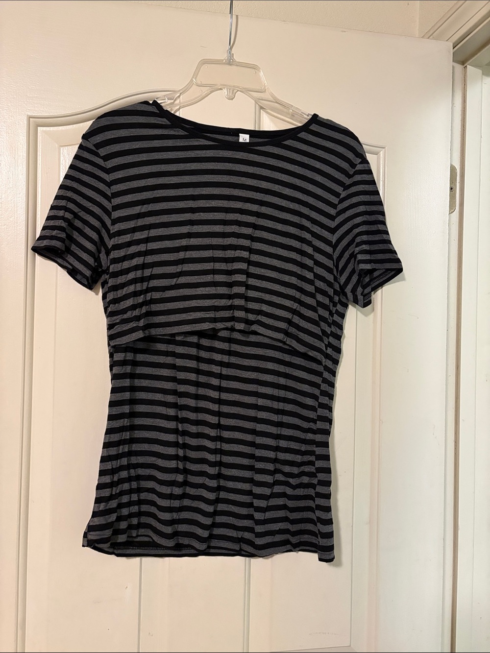 Striped Black & Gray Short Sleeve Nursing Top